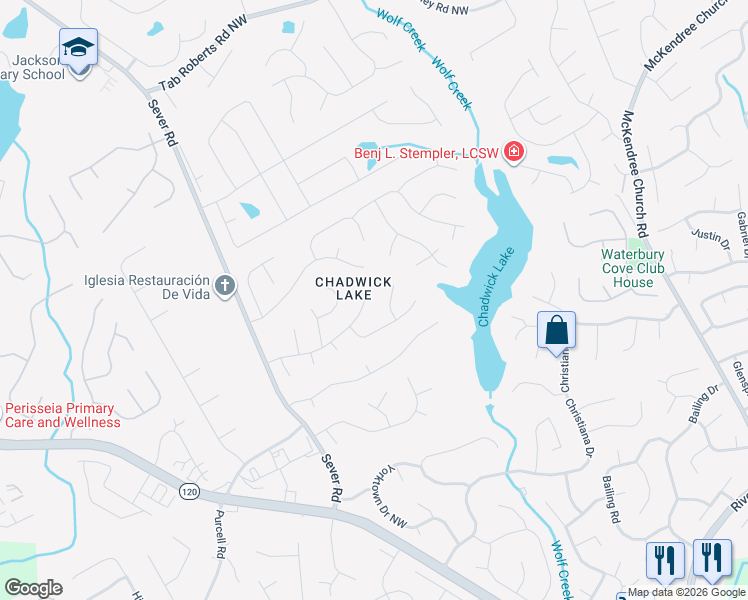 map of restaurants, bars, coffee shops, grocery stores, and more near 1220 Chadwick Point Drive Northwest in Lawrenceville