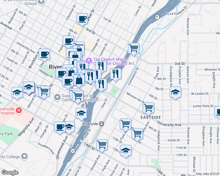 map of restaurants, bars, coffee shops, grocery stores, and more near 3751 Vine Street in Riverside