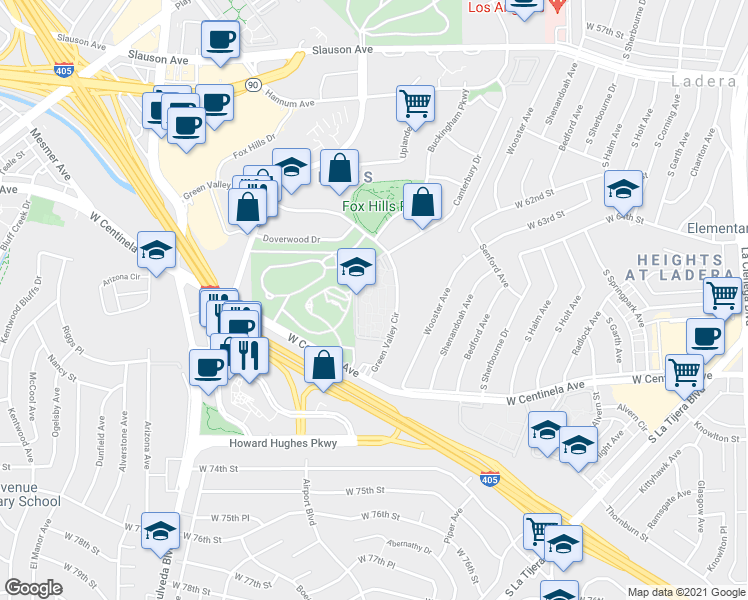 map of restaurants, bars, coffee shops, grocery stores, and more near 6541 Green Valley Circle in Culver City