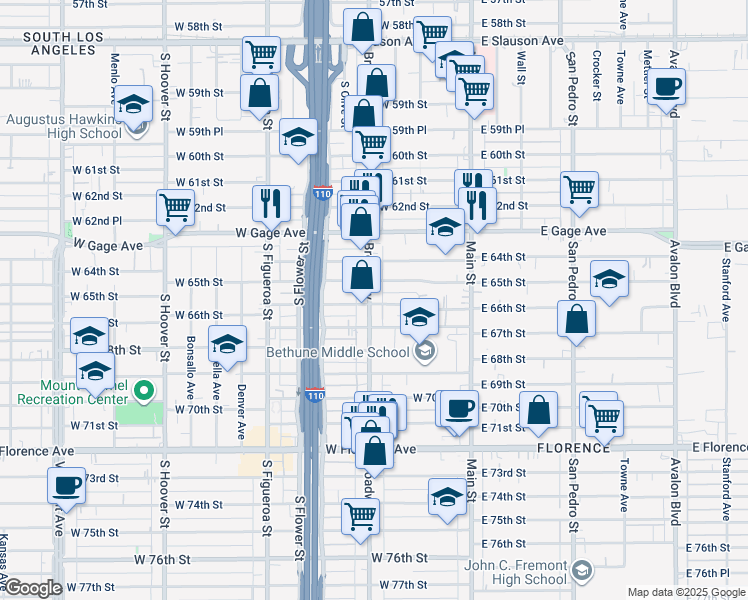map of restaurants, bars, coffee shops, grocery stores, and more near 6520 South Broadway in Los Angeles