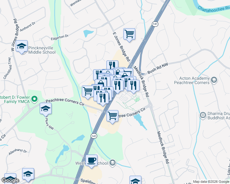 map of restaurants, bars, coffee shops, grocery stores, and more near 5240 Peachtree Parkway in Norcross