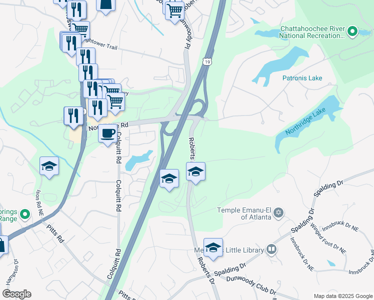 map of restaurants, bars, coffee shops, grocery stores, and more near 8200 Roberts Drive in Atlanta