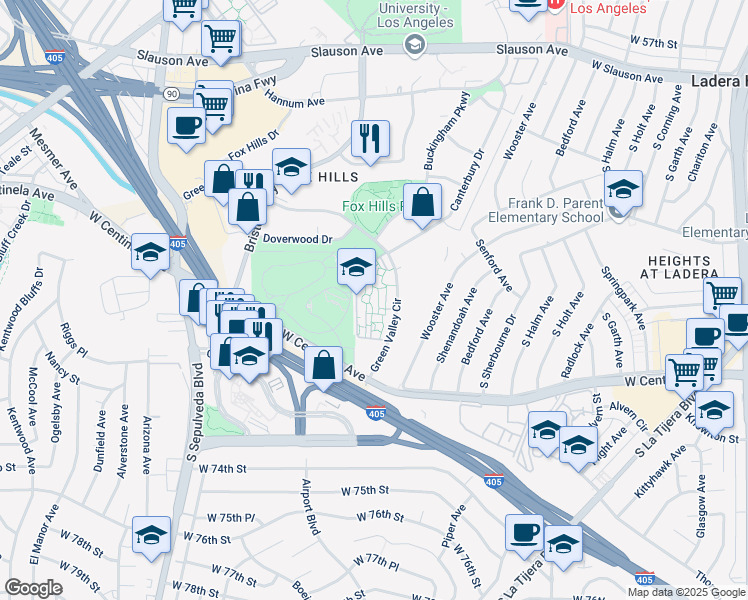 map of restaurants, bars, coffee shops, grocery stores, and more near 6315 Green Valley Circle in Culver City
