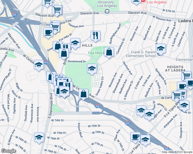 map of restaurants, bars, coffee shops, grocery stores, and more near 6305 Green Valley Circle in Culver City