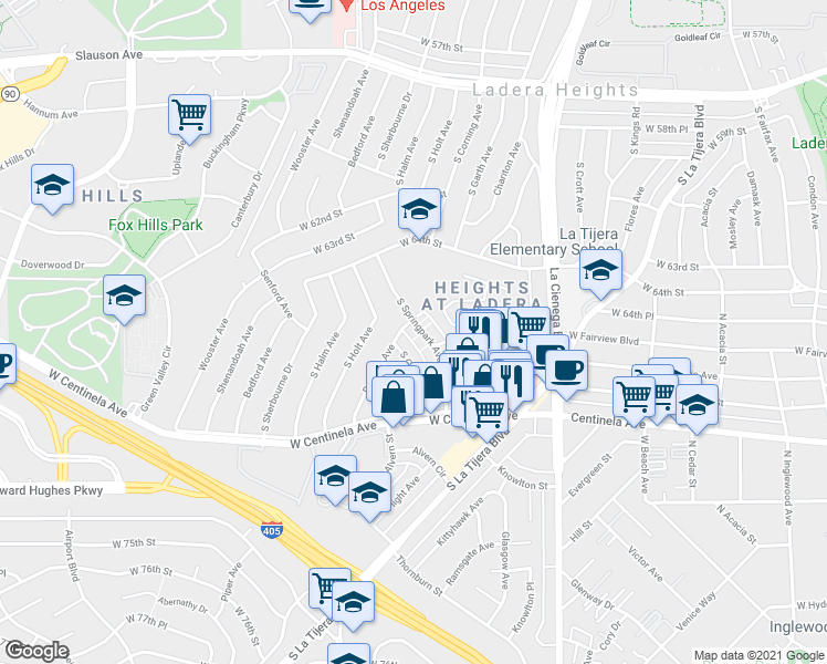 map of restaurants, bars, coffee shops, grocery stores, and more near 6601 Springpark Avenue in Los Angeles