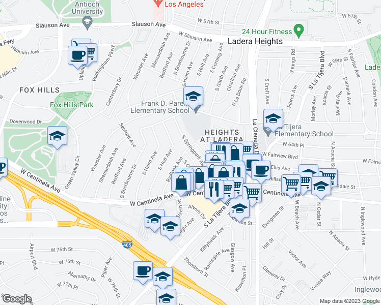 map of restaurants, bars, coffee shops, grocery stores, and more near 6601 Springpark Ave in Los Angeles