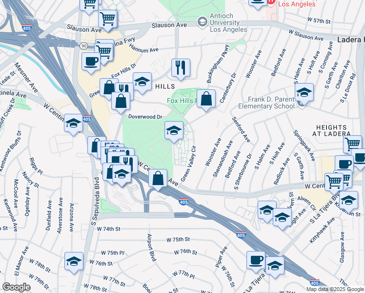 map of restaurants, bars, coffee shops, grocery stores, and more near 6537 Green Valley Circle in Culver City