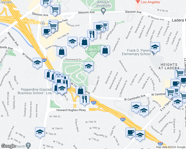 map of restaurants, bars, coffee shops, grocery stores, and more near 6541 Green Valley Circle in Culver City