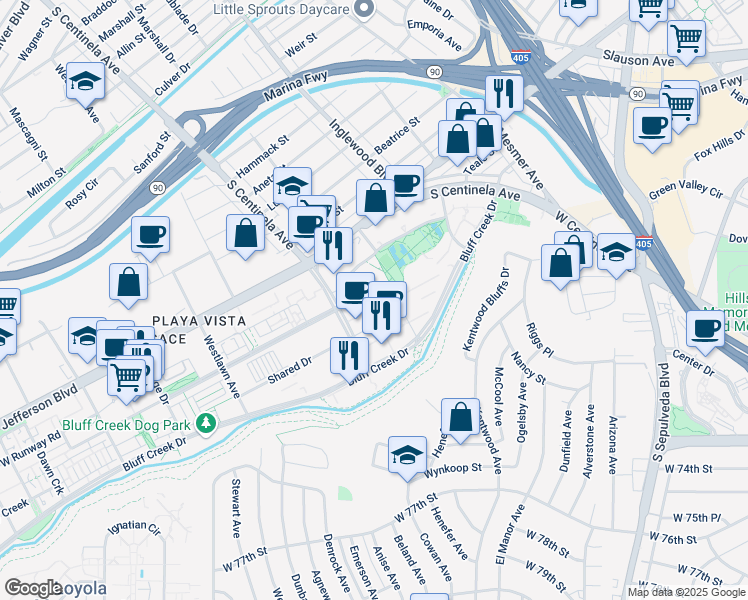 map of restaurants, bars, coffee shops, grocery stores, and more near 12130 Millennium Drive in Los Angeles