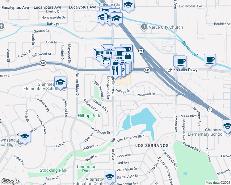 map of restaurants, bars, coffee shops, grocery stores, and more near 4112 Ironwood Drive in Chino Hills