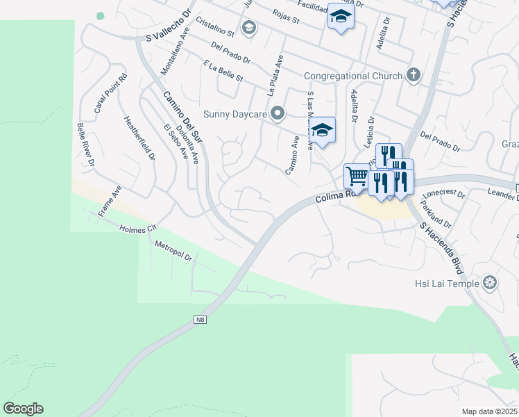 map of restaurants, bars, coffee shops, grocery stores, and more near 15443 Golden Ridge Lane in Hacienda Heights