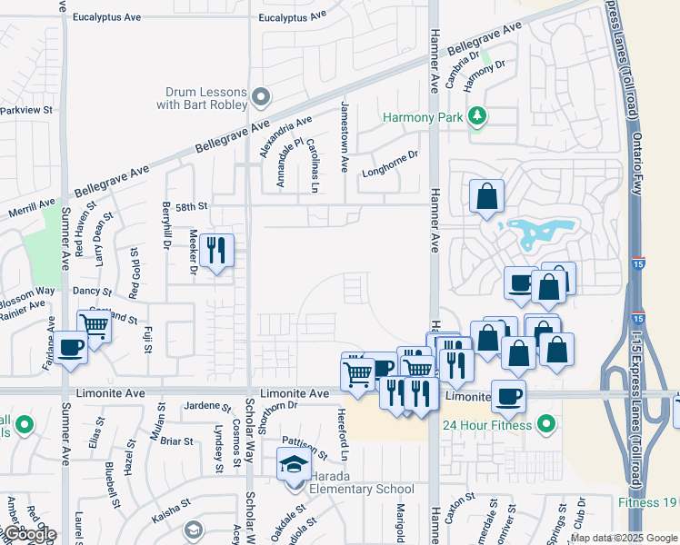 map of restaurants, bars, coffee shops, grocery stores, and more near 6044 Fairfax Drive in Eastvale