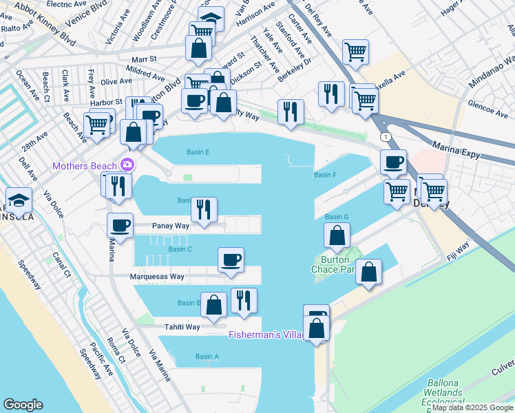 map of restaurants, bars, coffee shops, grocery stores, and more near in MARINA DL REY
