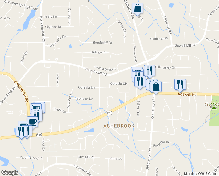map of restaurants, bars, coffee shops, grocery stores, and more near 2998 Octavia Circle in Marietta