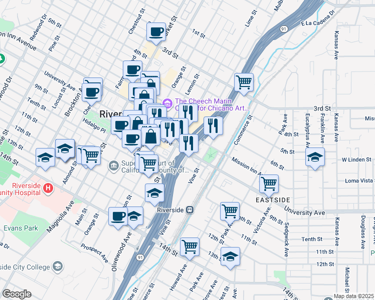 map of restaurants, bars, coffee shops, grocery stores, and more near in Riverside