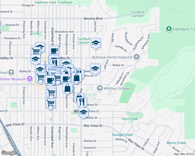 map of restaurants, bars, coffee shops, grocery stores, and more near in Whittier