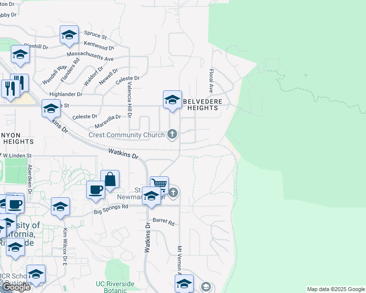 map of restaurants, bars, coffee shops, grocery stores, and more near 102 Linden Street in Riverside