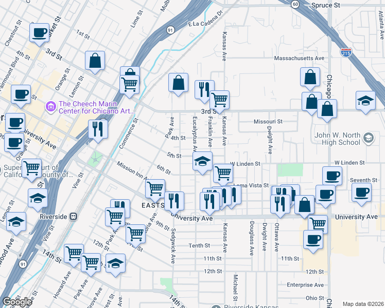 map of restaurants, bars, coffee shops, grocery stores, and more near 2326 5th Street in Riverside