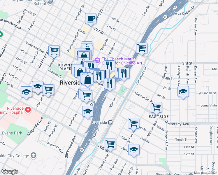 map of restaurants, bars, coffee shops, grocery stores, and more near in Riverside