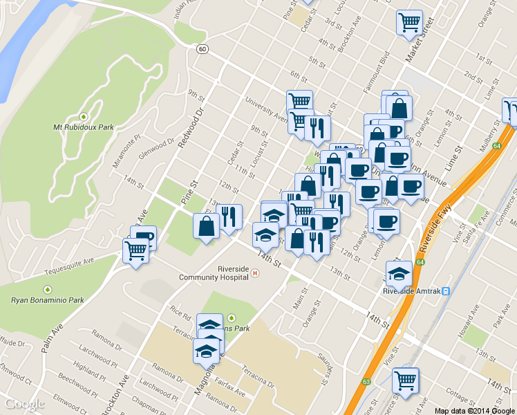map of restaurants, bars, coffee shops, grocery stores, and more near 4024 12th Street in Riverside