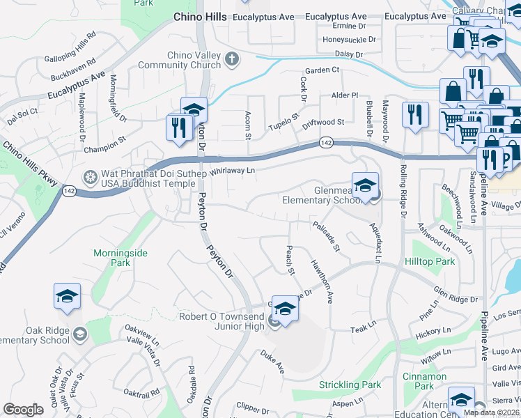 map of restaurants, bars, coffee shops, grocery stores, and more near 3463 Palisade Street in Chino Hills