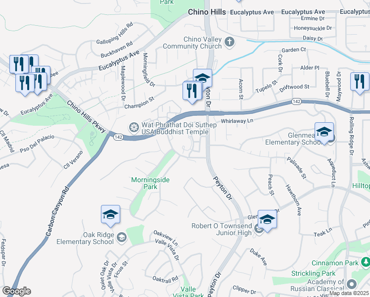 map of restaurants, bars, coffee shops, grocery stores, and more near 108 Frost Avenue in Chino Hills