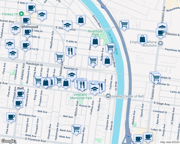 map of restaurants, bars, coffee shops, grocery stores, and more near 6217 Pala Avenue in Bell