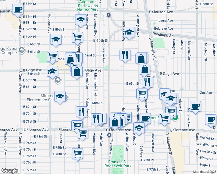 map of restaurants, bars, coffee shops, grocery stores, and more near 1664 East 66th Street in Los Angeles