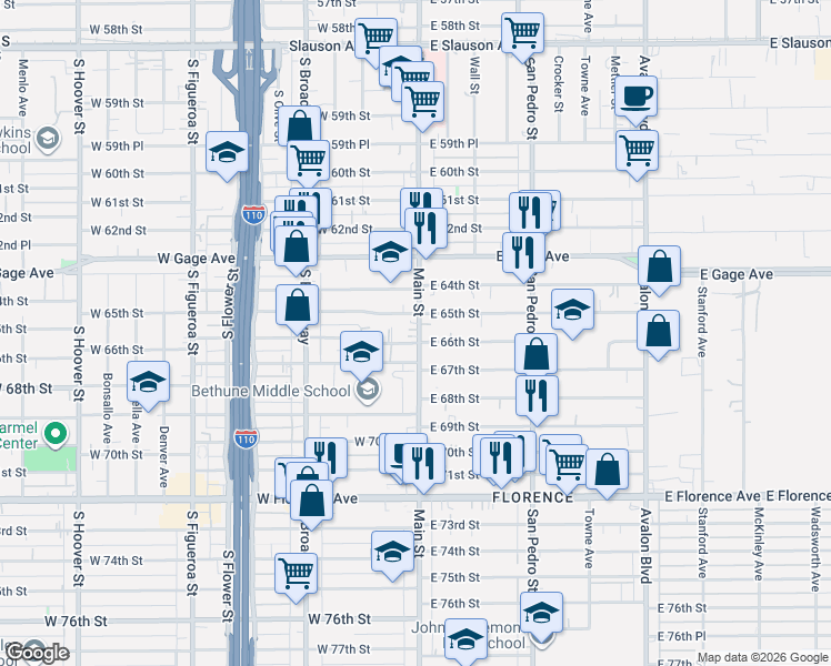 map of restaurants, bars, coffee shops, grocery stores, and more near 108 East 66th Street in Los Angeles