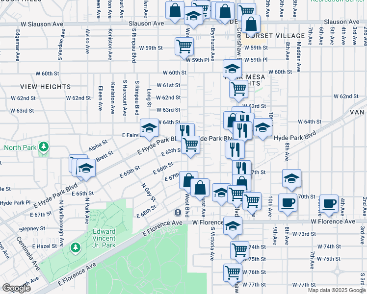 map of restaurants, bars, coffee shops, grocery stores, and more near 6558 West Boulevard in Los Angeles
