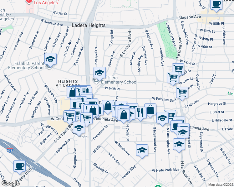 map of restaurants, bars, coffee shops, grocery stores, and more near 454 West Fairview Boulevard in Inglewood