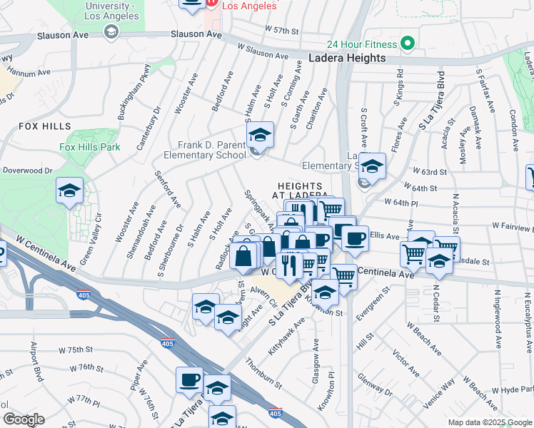map of restaurants, bars, coffee shops, grocery stores, and more near 6625 South Springpark Avenue in Los Angeles