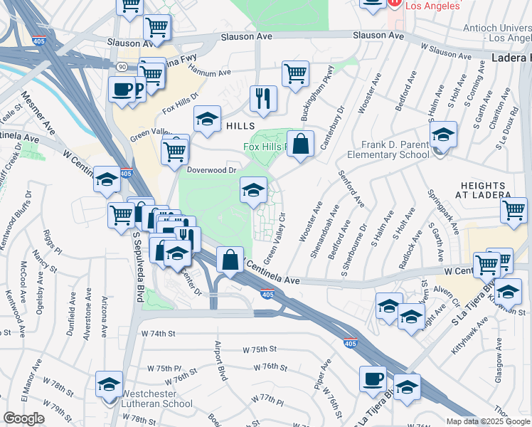 map of restaurants, bars, coffee shops, grocery stores, and more near 6541 Green Valley Circle in Culver City