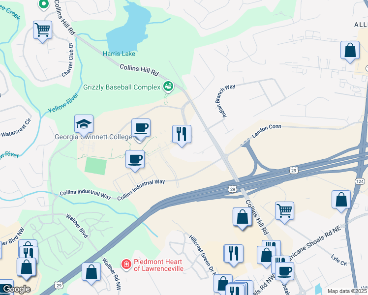 map of restaurants, bars, coffee shops, grocery stores, and more near 1000 University Center Lane in Lawrenceville