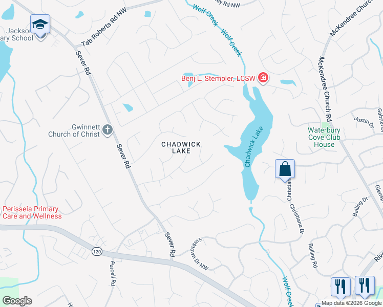 map of restaurants, bars, coffee shops, grocery stores, and more near 1220 Chadwick Point Drive Northwest in Lawrenceville