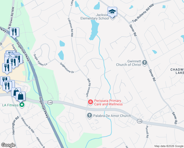 map of restaurants, bars, coffee shops, grocery stores, and more near 1795 Lebanon Road Northwest in Lawrenceville