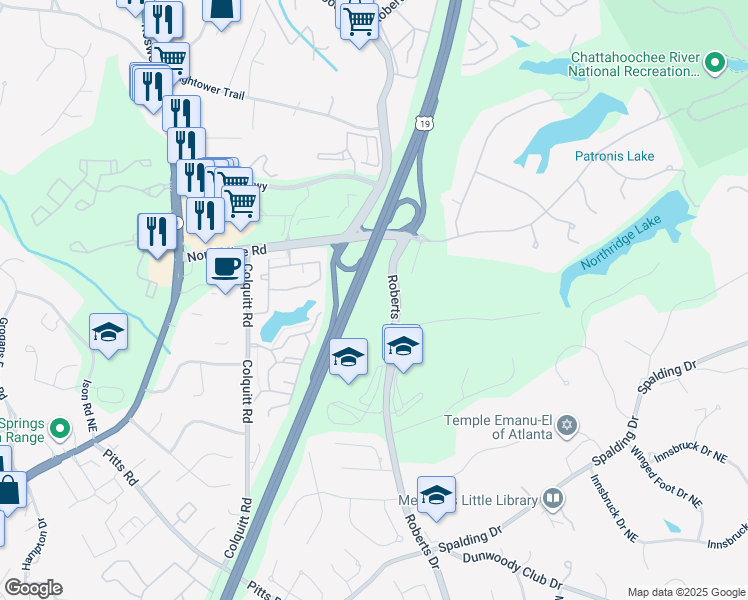 map of restaurants, bars, coffee shops, grocery stores, and more near 8220 Roberts Drive in Atlanta