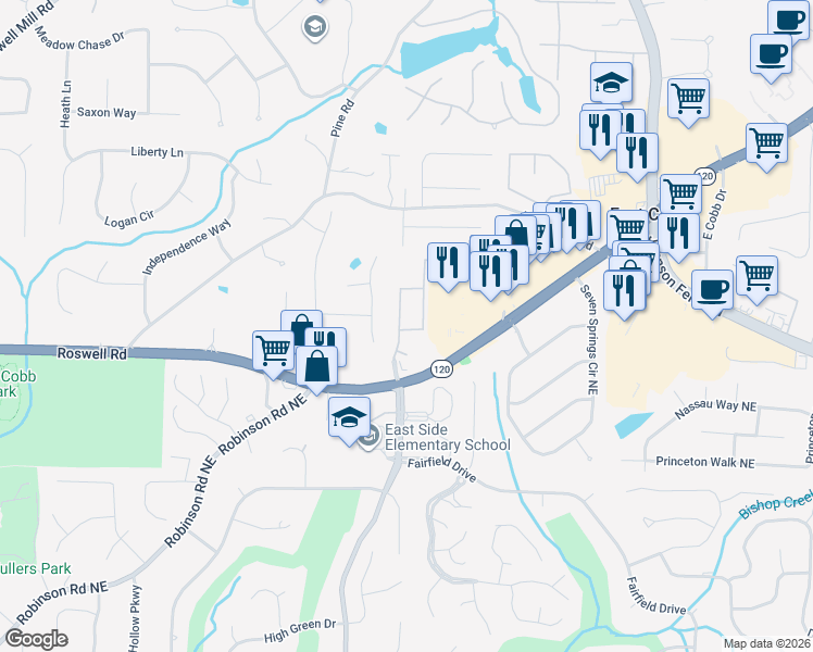 map of restaurants, bars, coffee shops, grocery stores, and more near 3853 Cohutta Pass in Marietta