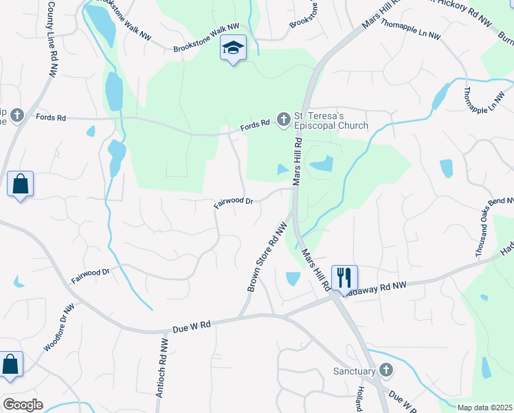 map of restaurants, bars, coffee shops, grocery stores, and more near 5661 Fairwood Drive Northwest in Acworth