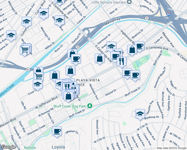 map of restaurants, bars, coffee shops, grocery stores, and more near 12555 West Jefferson Boulevard in Los Angeles