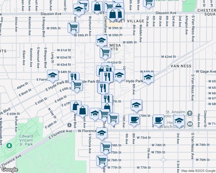 map of restaurants, bars, coffee shops, grocery stores, and more near 6520 Crenshaw Boulevard in Los Angeles