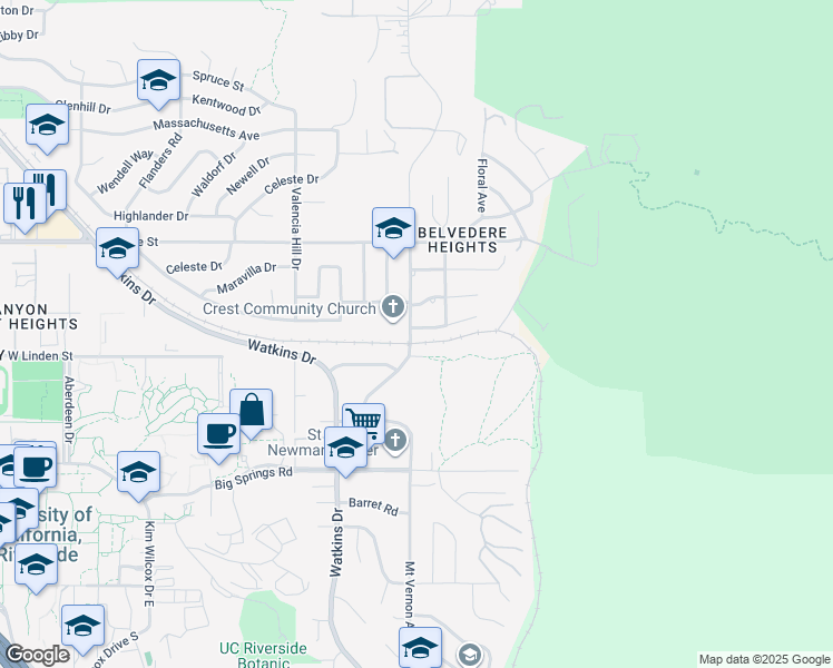 map of restaurants, bars, coffee shops, grocery stores, and more near 102 Linden Street in Riverside