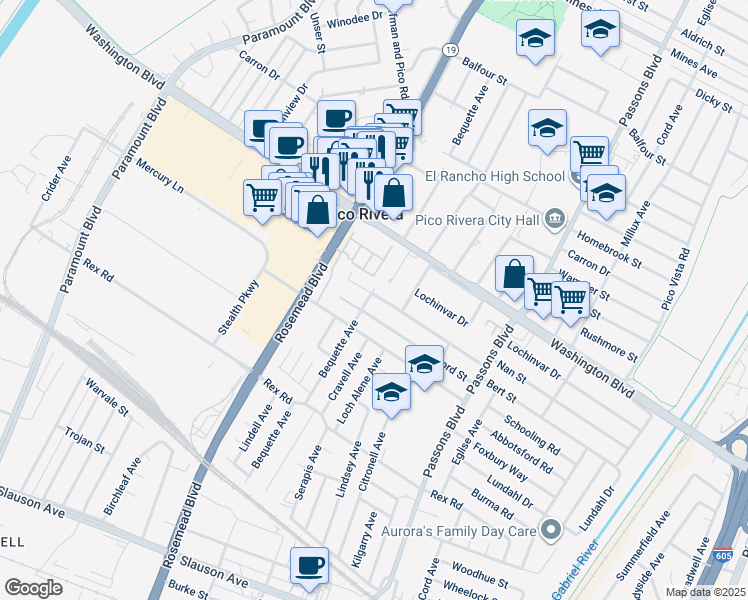 map of restaurants, bars, coffee shops, grocery stores, and more near in Pico Rivera