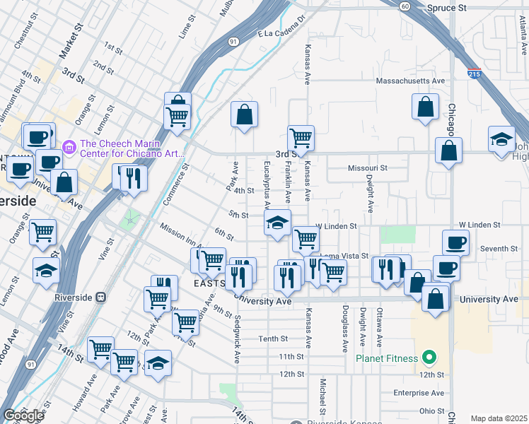 map of restaurants, bars, coffee shops, grocery stores, and more near 2311 5th Street in Riverside