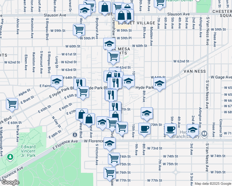 map of restaurants, bars, coffee shops, grocery stores, and more near 3326 West 66th Street in Los Angeles