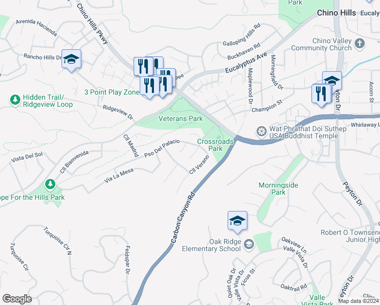 map of restaurants, bars, coffee shops, grocery stores, and more near 15050 Avenida De Las Flores in Chino Hills