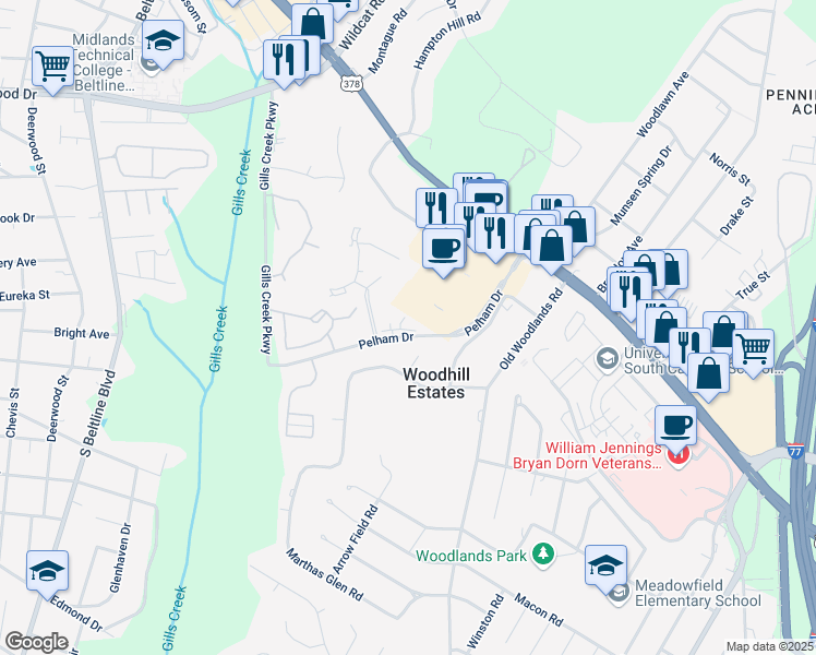 map of restaurants, bars, coffee shops, grocery stores, and more near 441 Pelham Drive in Columbia