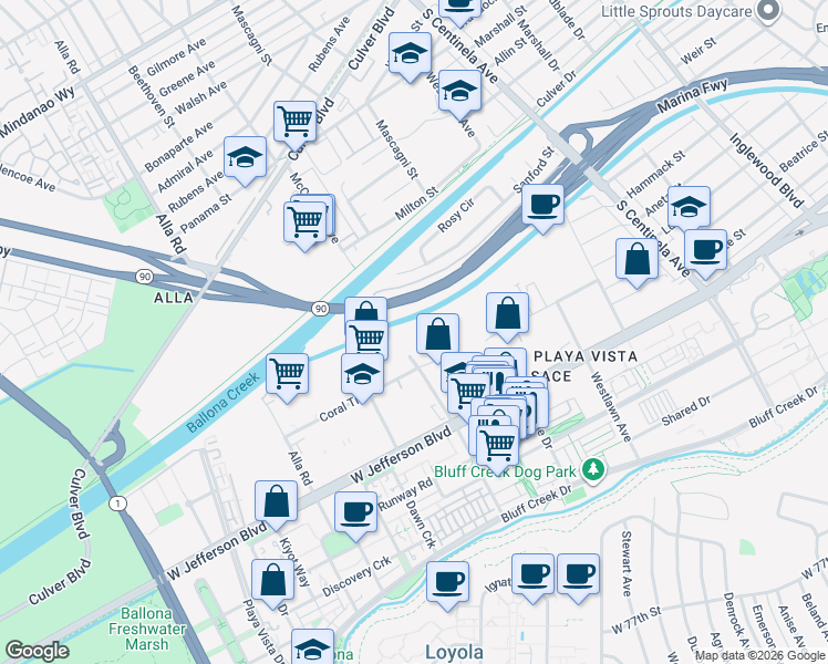map of restaurants, bars, coffee shops, grocery stores, and more near 5300 McConnell Avenue in Los Angeles