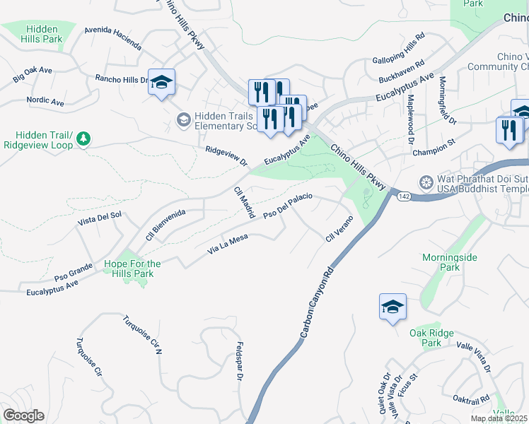 map of restaurants, bars, coffee shops, grocery stores, and more near 2539 Paseo Del Palacio in Chino Hills