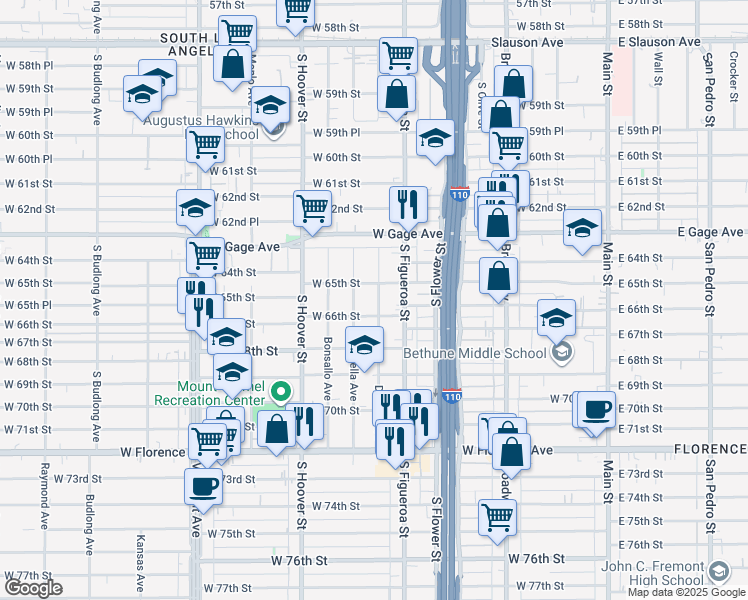 map of restaurants, bars, coffee shops, grocery stores, and more near 6519 Denver Avenue in Los Angeles